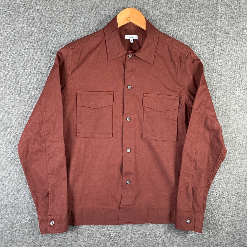 Reiss Utility Shirt Men Medium Linen Cotton Double Pockets Modern Luxury